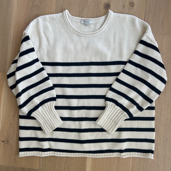 Madewell 100% cotton Conway sweater size small striped fall white blue - Picture 2 of 3